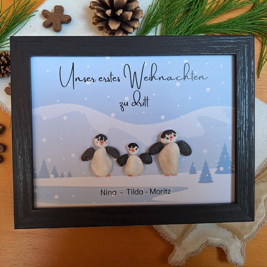 Süsses Steinbild zu Weihnachten - Erstes Weihnachten zu dritt Pinguinfamilie