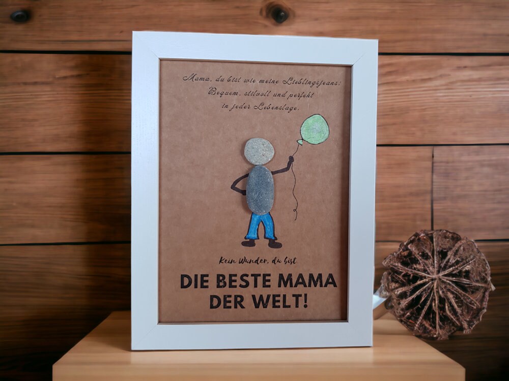 Steinbild für die beste Mama der Welt. Kind mit Ballon.