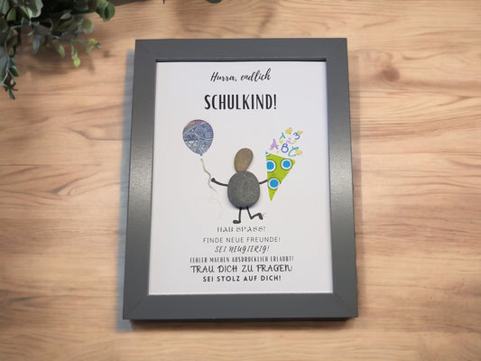 Geldgeschenk Einschulung | Steinbild zum Schulanfang mit Luftballon-Motiv