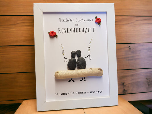 Herzlichen Glückwunsch zur Rosenhochzeit! Steinbild im Bilderrahmen.