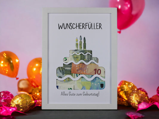 Wunscherfueller Torte mit Geld im Hintergrund