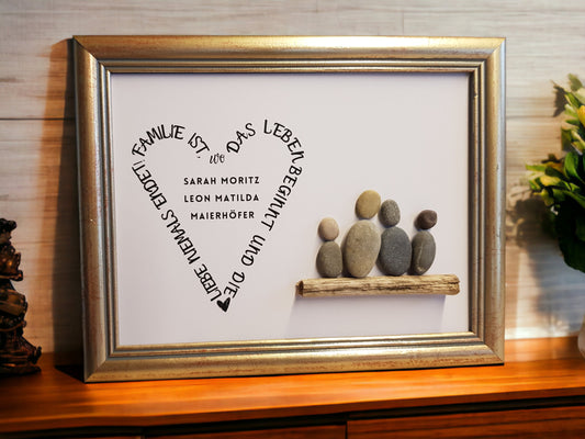 Steinbild Familie Geschenk | Personalisiertes Familienbild mit Treibholz