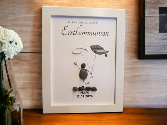 Steinbild Taufe Kommunion Konfirmation | Geldgeschenk mit Fisch & Herz