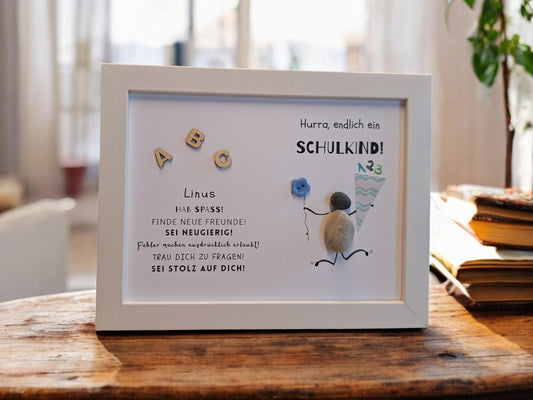 Steinbild Einschulung Schulanfang Geschenk | Hurra endlich ein Schulkind