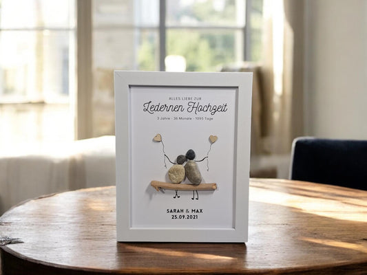 Steinbild Lederhochzeit Geschenk | Personalisiert zum 3. Hochzeitstag