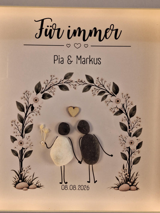 Süsses Steinbild zur Hochzeit / zur Trauung "Für immer" personalisierbar, optional mit Beleuchtung – Produktansicht 2