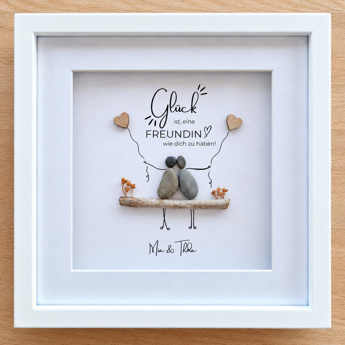 Geschenk für die beste Freundin / Freund | Steinbild mit Namen und Holzherzen | Optional mit Beleuchtung / Licht – Produktansicht 5