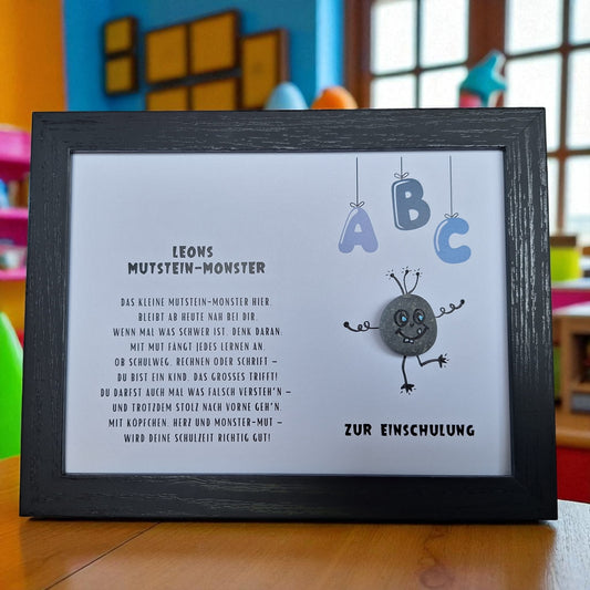 Mutsteinmonster zur Einschulung – gerahmtes Bild mit Name, Reim & Mutmacher