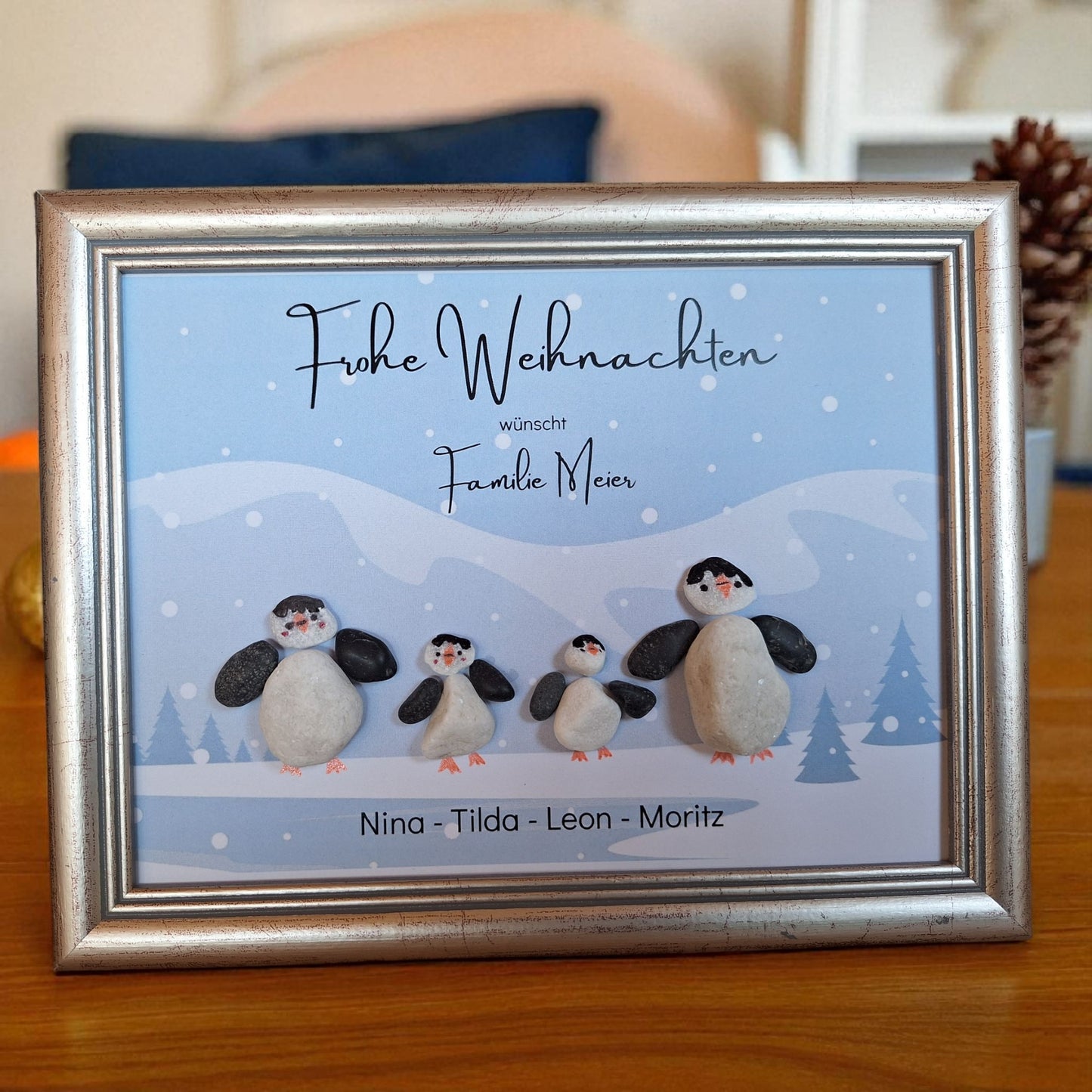 Süsses Steinbild zu Weihnachten - Pinguinfamilie
