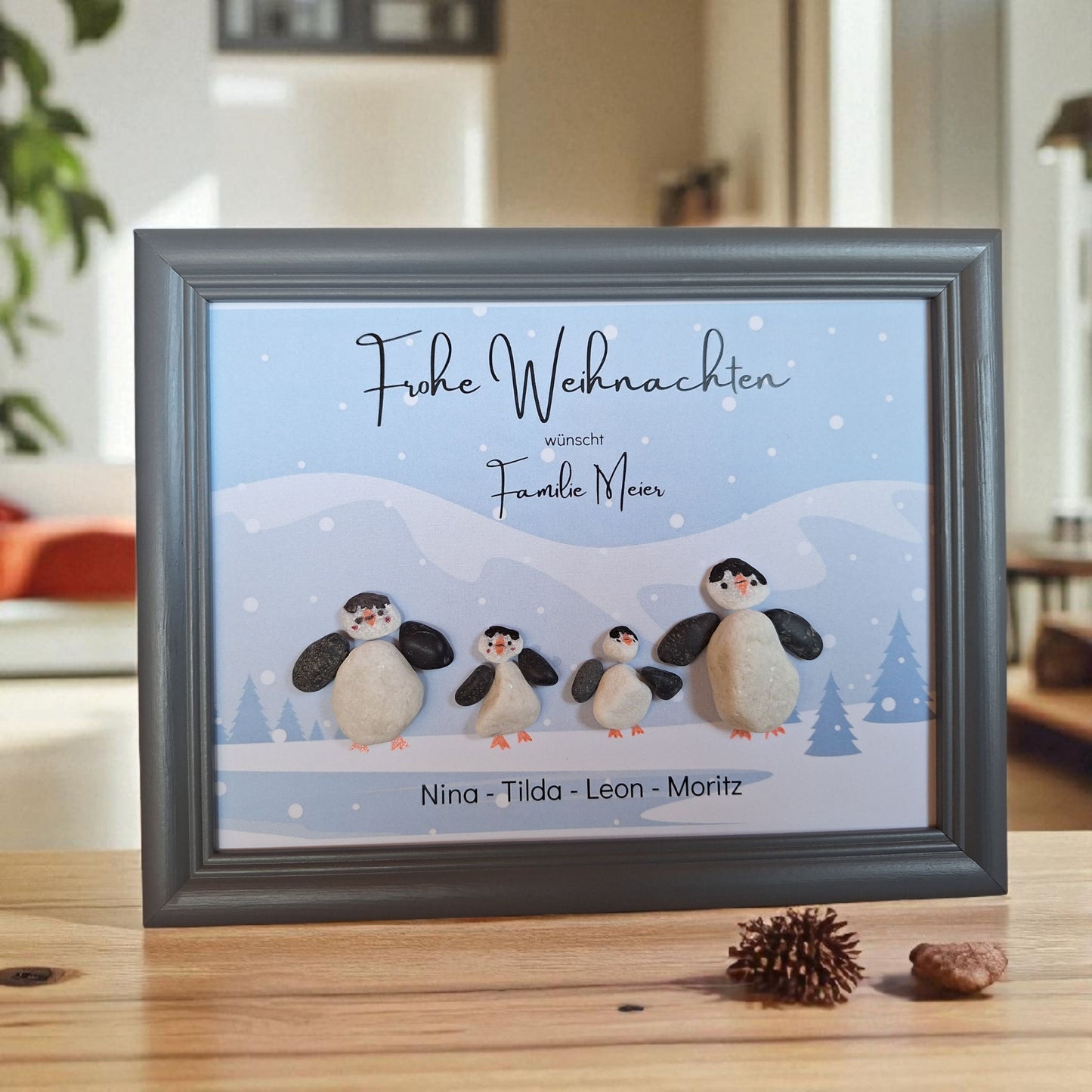 Süsses Steinbild zu Weihnachten - Pinguinfamilie