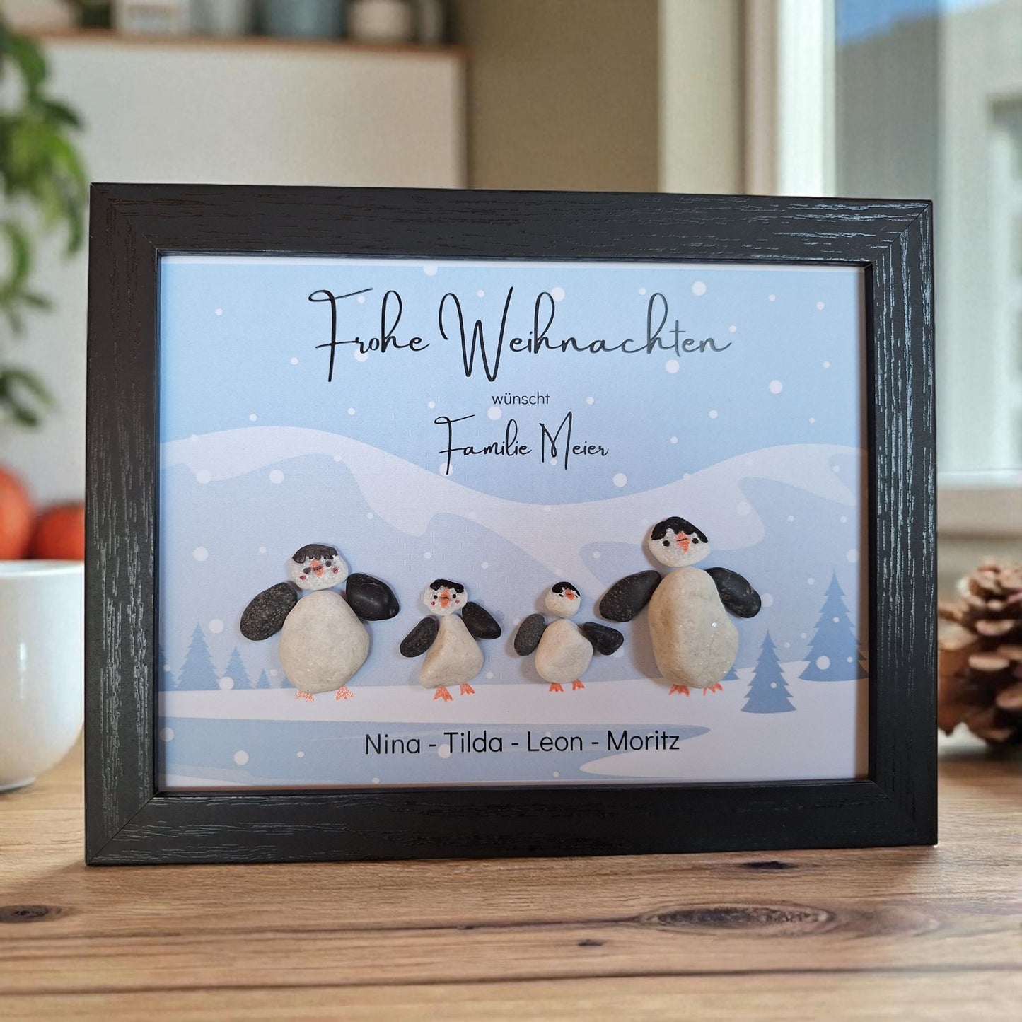 Süsses Steinbild zu Weihnachten - Pinguinfamilie