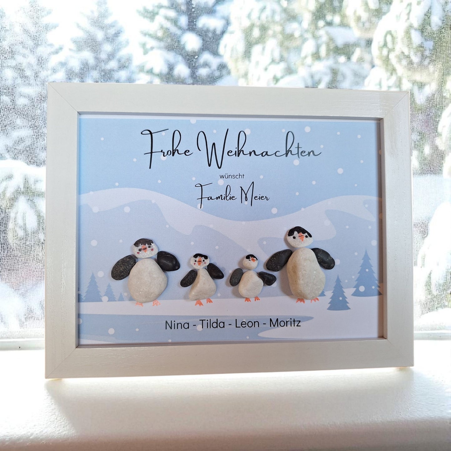 Süsses Steinbild zu Weihnachten - Pinguinfamilie