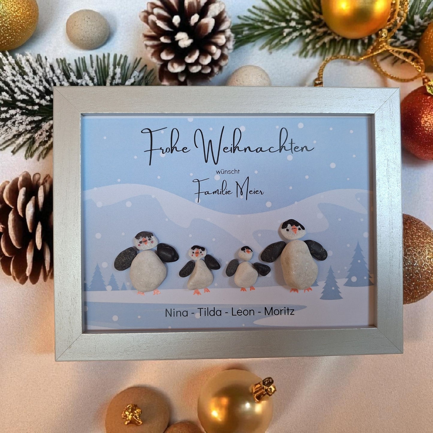 Süsses Steinbild zu Weihnachten - Pinguinfamilie