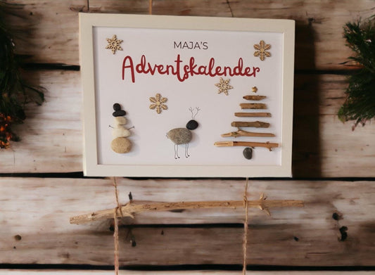 Steinbild Adventskalender zum Befüllen | Weihnachten mit Treibholz und Säckchen