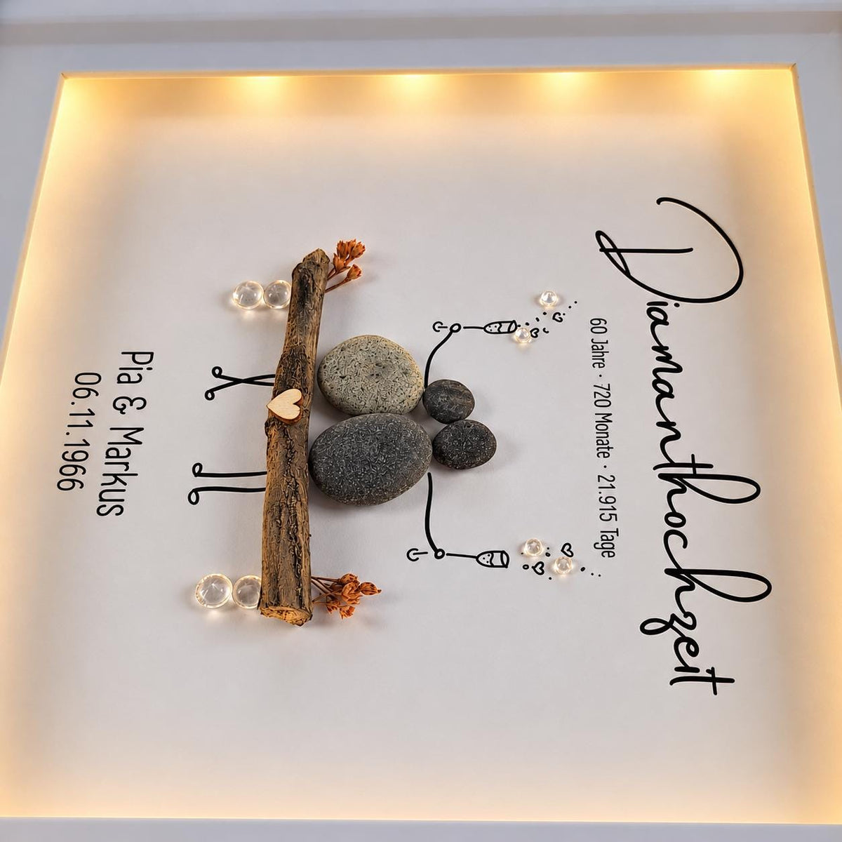 Steinbild zur Diamanthochzeit / diamantenen Hochzeit / 60. Hochzeitstag personalisierbar + optional mit Beleuchtung / Licht -süsses Geschenk – Produktansicht 3