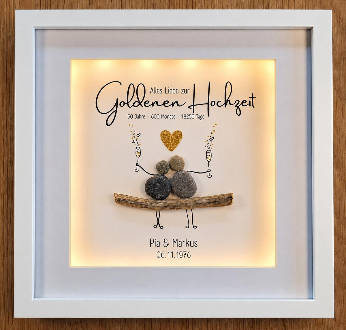 Steinbild zur Goldenen Hochzeit / Goldhochzeit / 50. Hochzeitstag personalisierbar + optional mit Beleuchtung / Licht -individuellesGeschenk – Produktansicht 2
