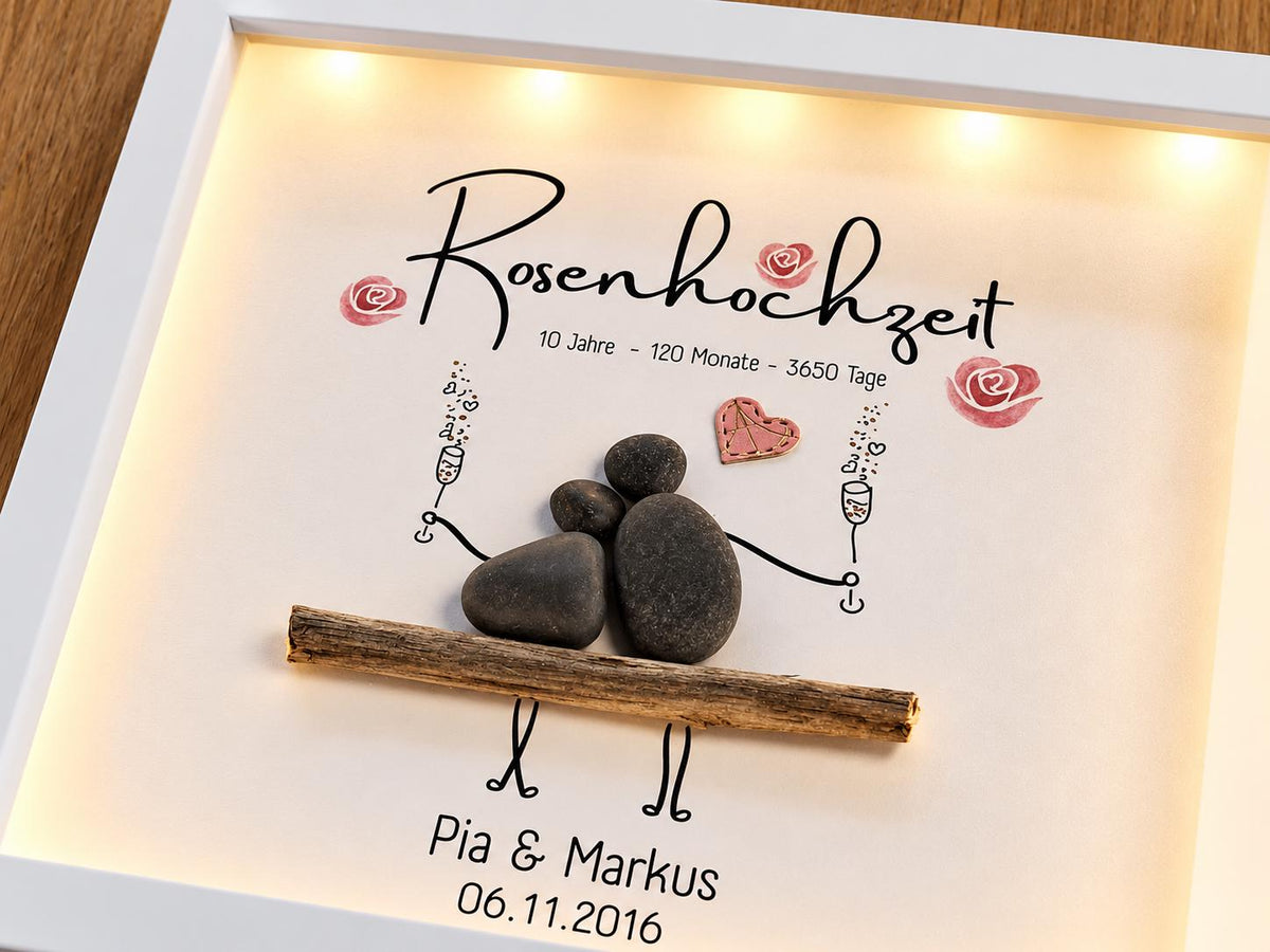 Steinbild zur Rosenhochzeit / 10. Hochzeitstag personalisierbar + optional mit Beleuchtung / Licht -individuelles Geschenk für Paare – Produktansicht 5