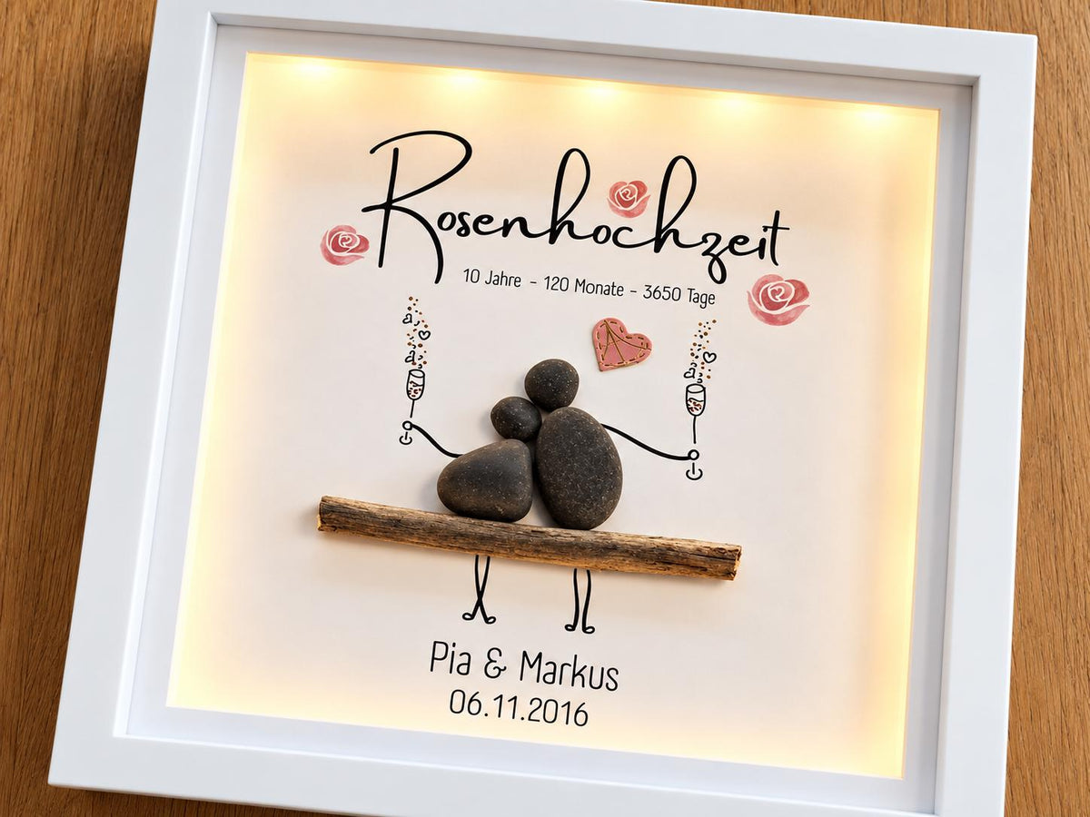 Steinbild zur Rosenhochzeit / 10. Hochzeitstag personalisierbar + optional mit Beleuchtung / Licht -individuelles Geschenk für Paare – Produktansicht 4