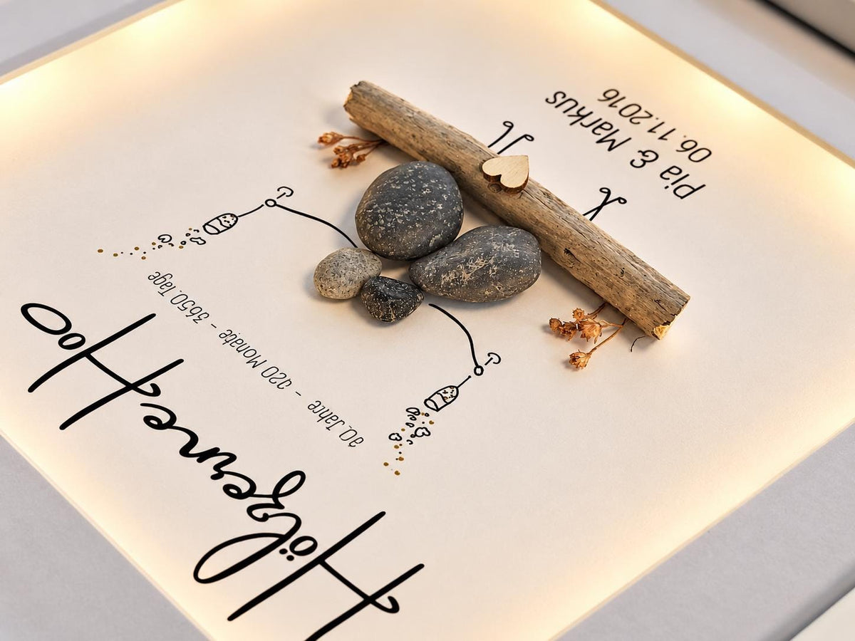 Steinbild zur Hölzernen Hochzeit / 5. oder 10. Hochzeitstag personalisierbar + optional mit Beleuchtung / Licht – Produktansicht 2