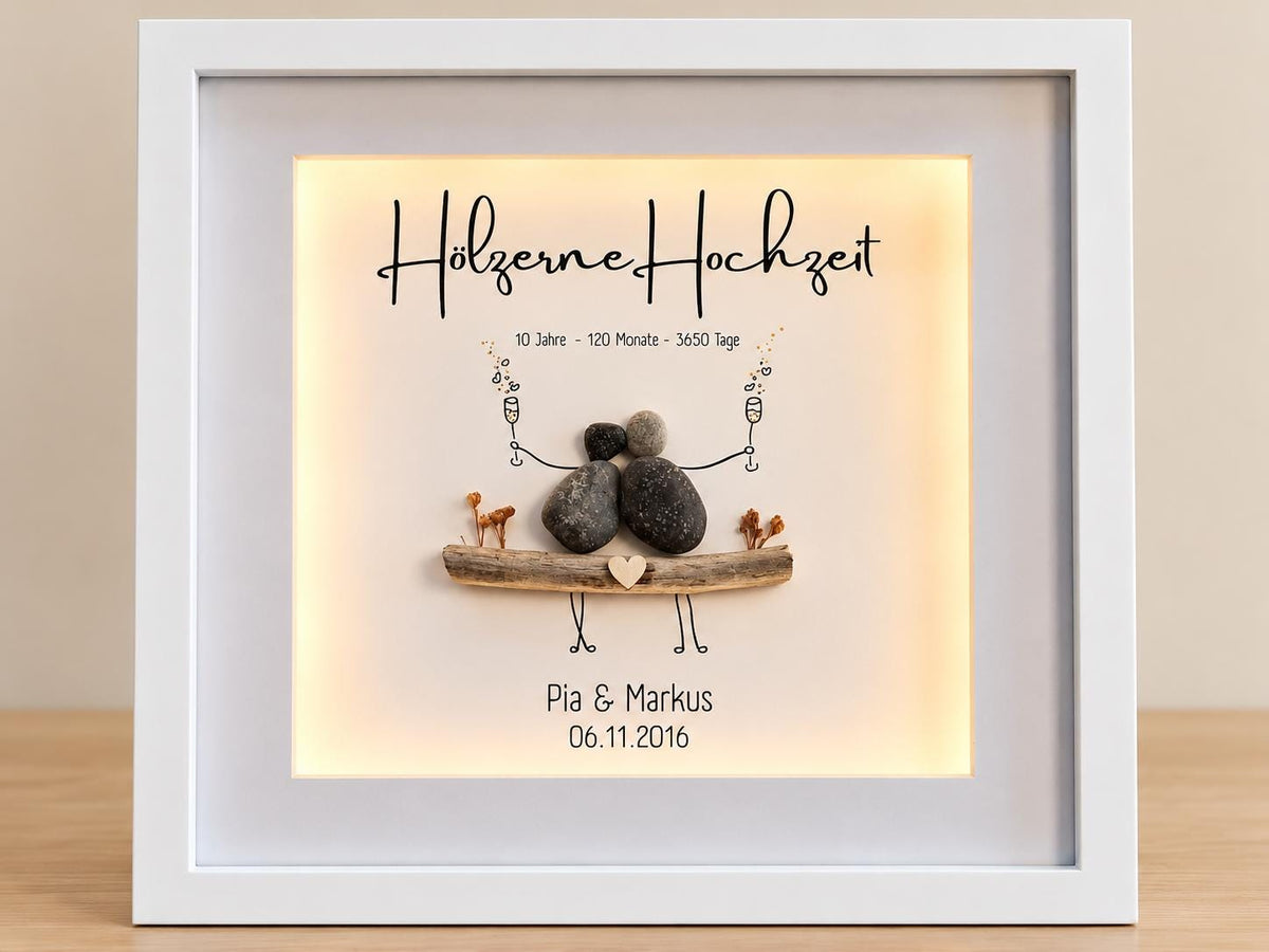Steinbild zur Hölzernen Hochzeit / 5. oder 10. Hochzeitstag personalisierbar + optional mit Beleuchtung / Licht – Produktansicht 1