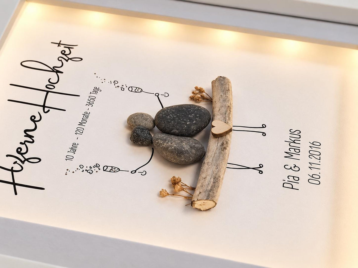 Steinbild zur Hölzernen Hochzeit / 5. oder 10. Hochzeitstag personalisierbar + optional mit Beleuchtung / Licht – Produktansicht 3