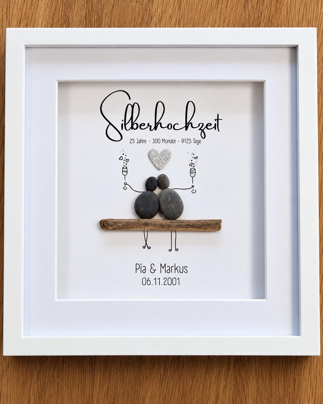 Steinbild zur Silberhochzeit / Silbernen Hochzeit / 25. Hochzeitstag personalisierbar + optional mit Beleuchtung / Licht – Produktansicht 2