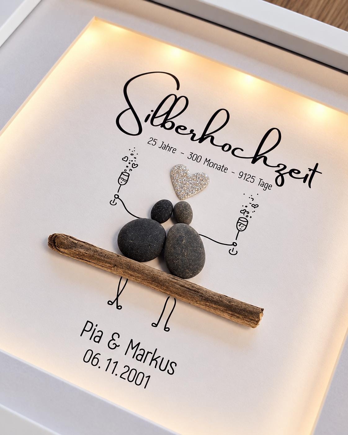 Steinbild zur Silberhochzeit / Silbernen Hochzeit / 25. Hochzeitstag personalisierbar + optional mit Beleuchtung / Licht – Produktansicht 3