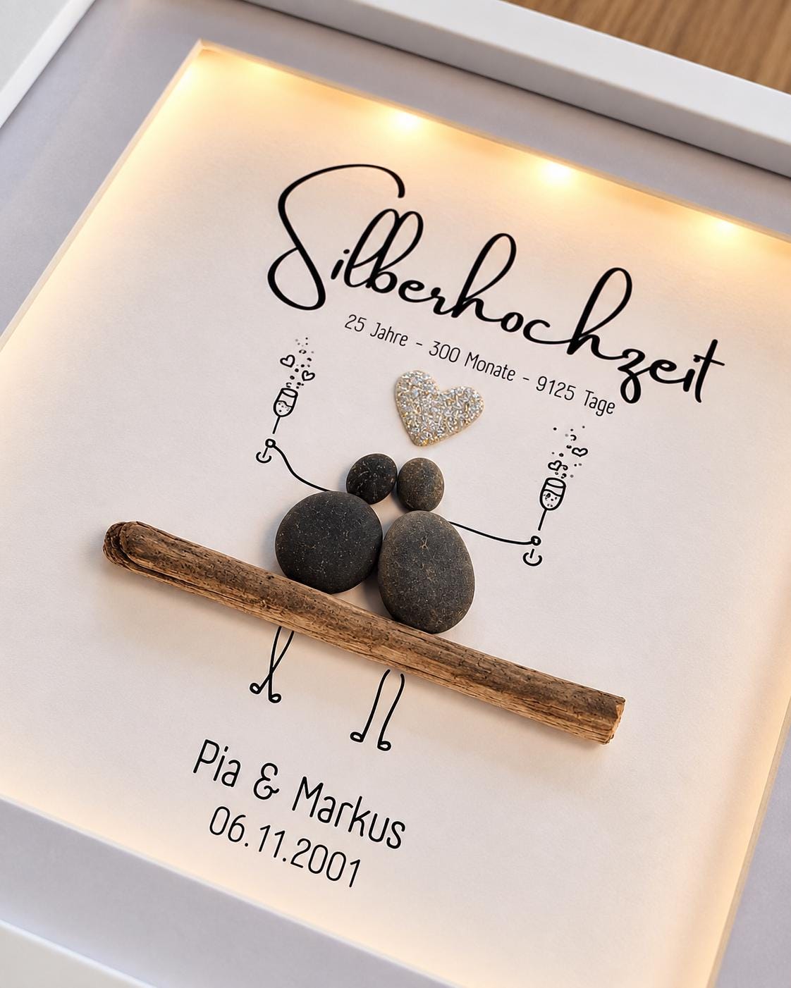 Steinbild zur Silberhochzeit / Silbernen Hochzeit / 25. Hochzeitstag personalisierbar + optional mit Beleuchtung / Licht – Produktansicht 4