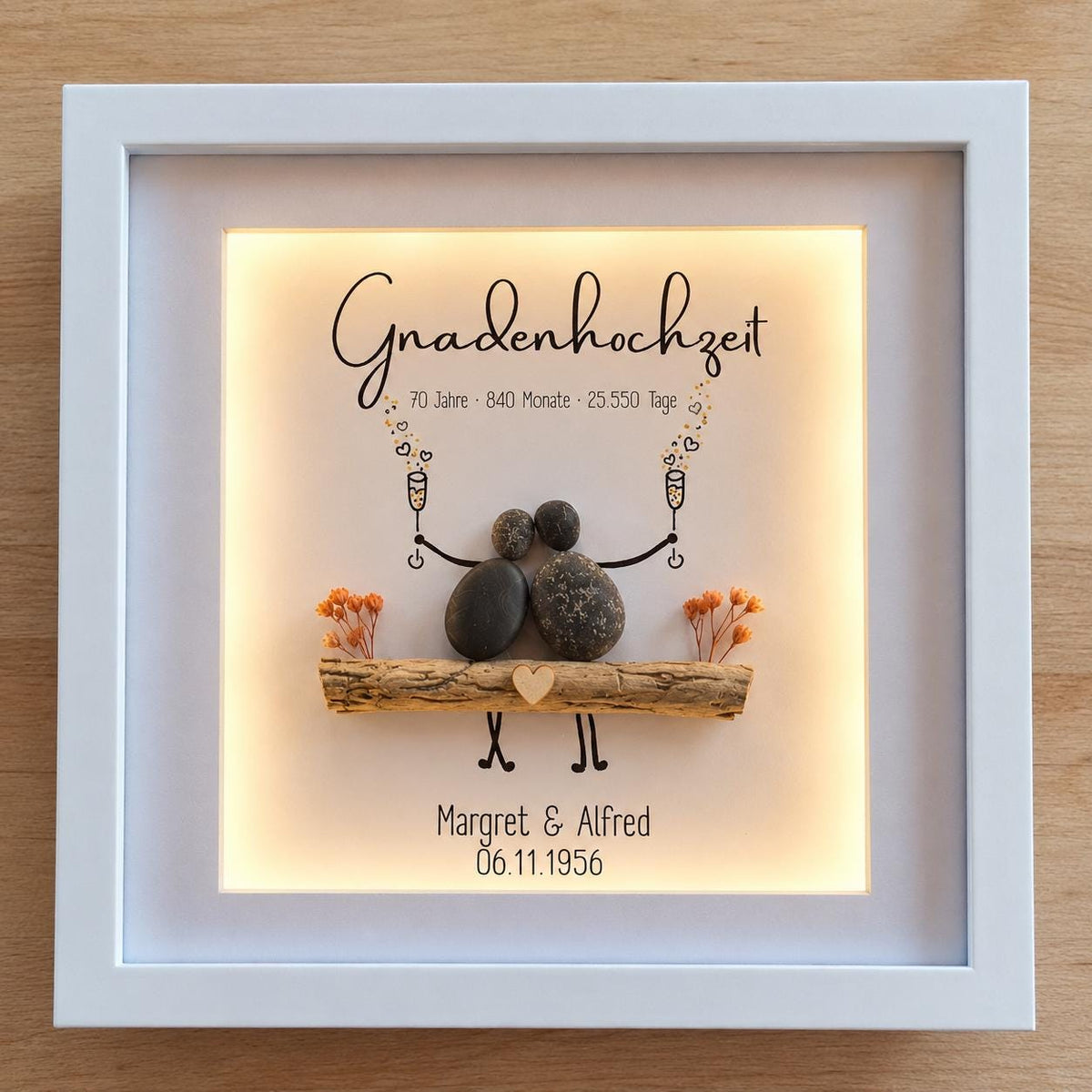 Gnadenhochzeit Geschenk 70 Jahre | personalisiertes Steinbild zum 70. Hochzeitstag | Geschenk Ehepaar | optional mit Beleuchtung / Licht – Produktansicht 1