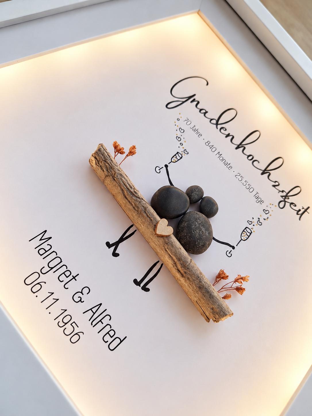 Gnadenhochzeit Geschenk 70 Jahre | personalisiertes Steinbild zum 70. Hochzeitstag | Geschenk Ehepaar | optional mit Beleuchtung / Licht – Produktansicht 4