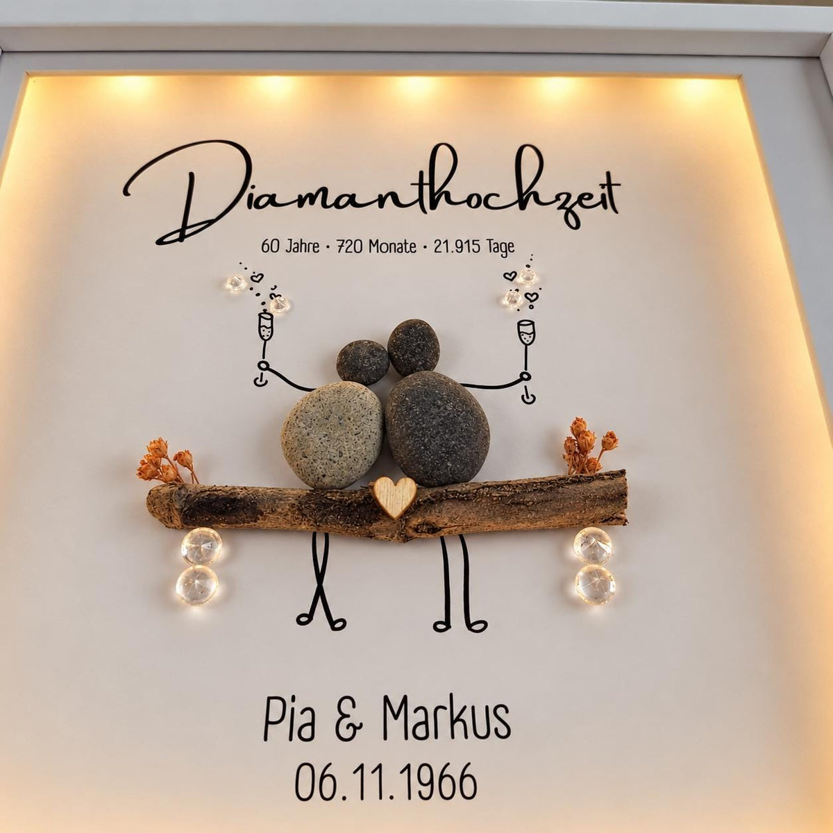 Steinbild zur Diamanthochzeit / diamantenen Hochzeit / 60. Hochzeitstag personalisierbar + optional mit Beleuchtung / Licht -süsses Geschenk – Produktansicht 2