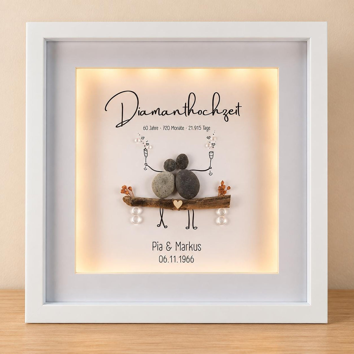 Steinbild zur Diamanthochzeit / diamantenen Hochzeit / 60. Hochzeitstag personalisierbar + optional mit Beleuchtung / Licht -süsses Geschenk – Produktansicht 1