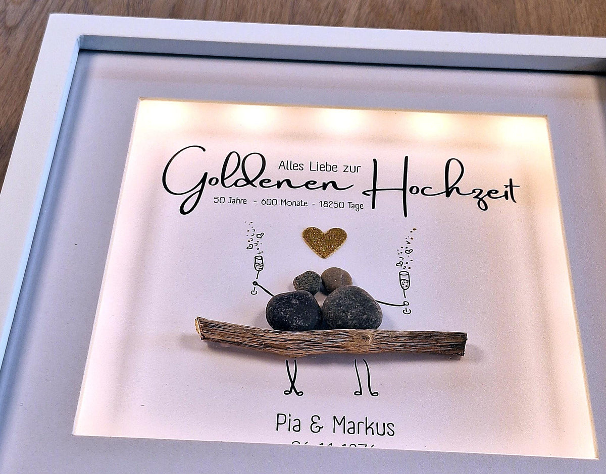 Steinbild zur Goldenen Hochzeit / Goldhochzeit / 50. Hochzeitstag personalisierbar + optional mit Beleuchtung / Licht -individuellesGeschenk – Produktansicht 3