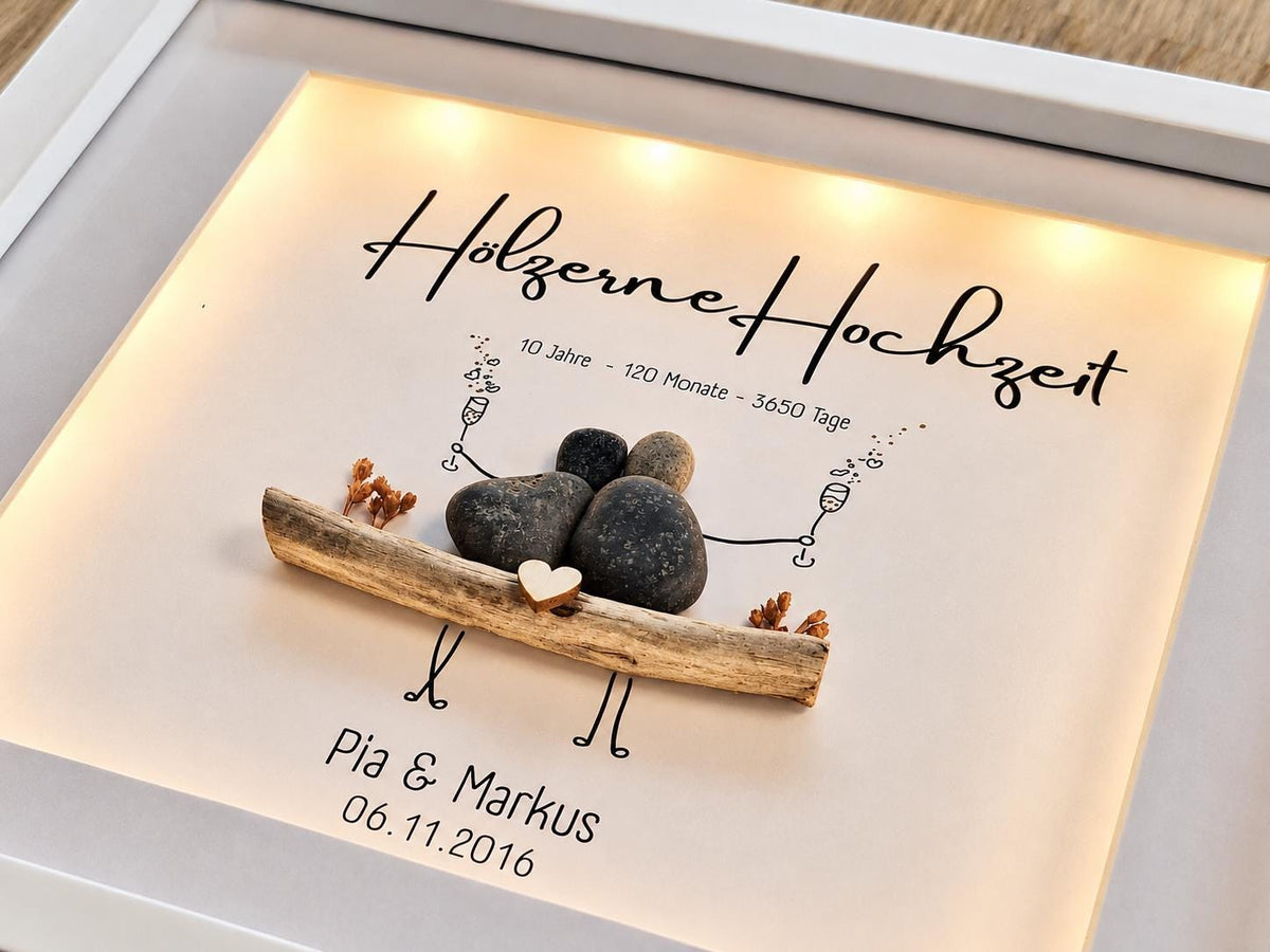 Steinbild zur Hölzernen Hochzeit / 5. oder 10. Hochzeitstag personalisierbar + optional mit Beleuchtung / Licht – Produktansicht 4