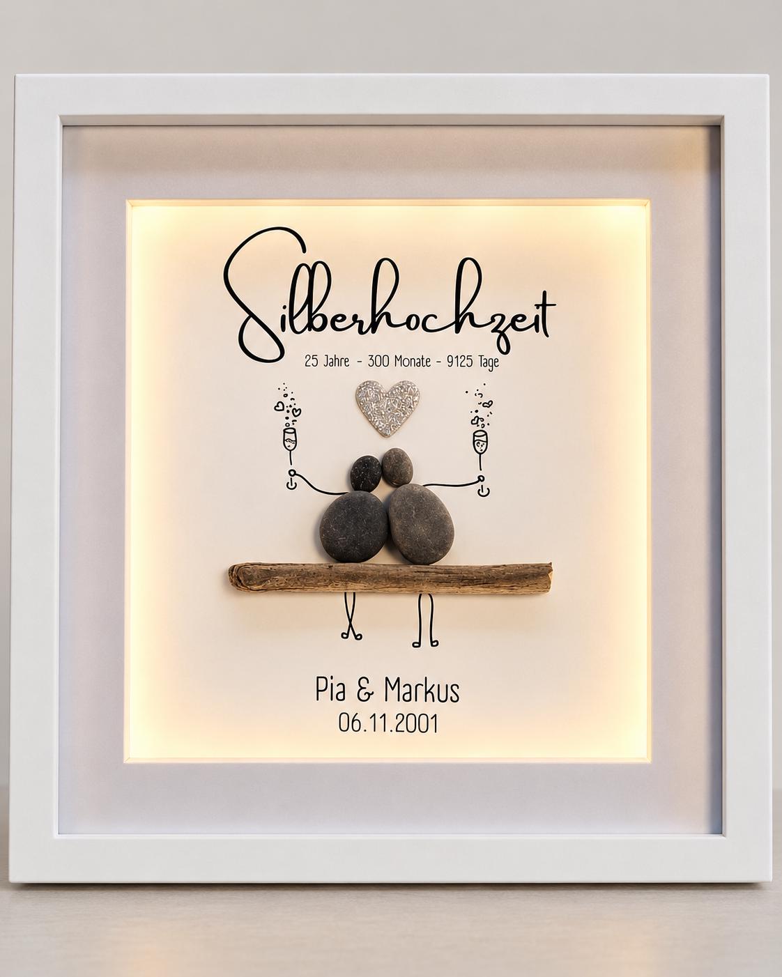 Steinbild zur Silberhochzeit / Silbernen Hochzeit / 25. Hochzeitstag personalisierbar + optional mit Beleuchtung / Licht – Produktansicht 1
