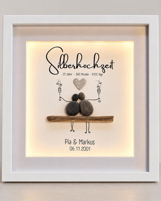 Steinbild zur Silberhochzeit / Silbernen Hochzeit / 25. Hochzeitstag personalisierbar + optional mit Beleuchtung / Licht – Produktansicht 1