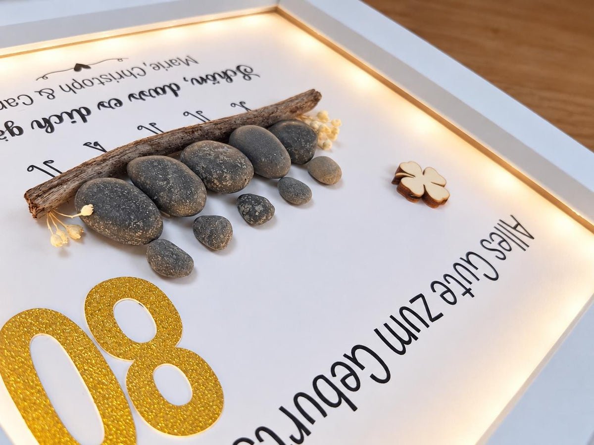 Süsses Geschenk : Personalisiertes Steinbild zum Geburtstag mit Wunschzahl und Text – bis zu 6 Figuren, optional mit Licht -zum 50 60 70 80. – Produktansicht 2