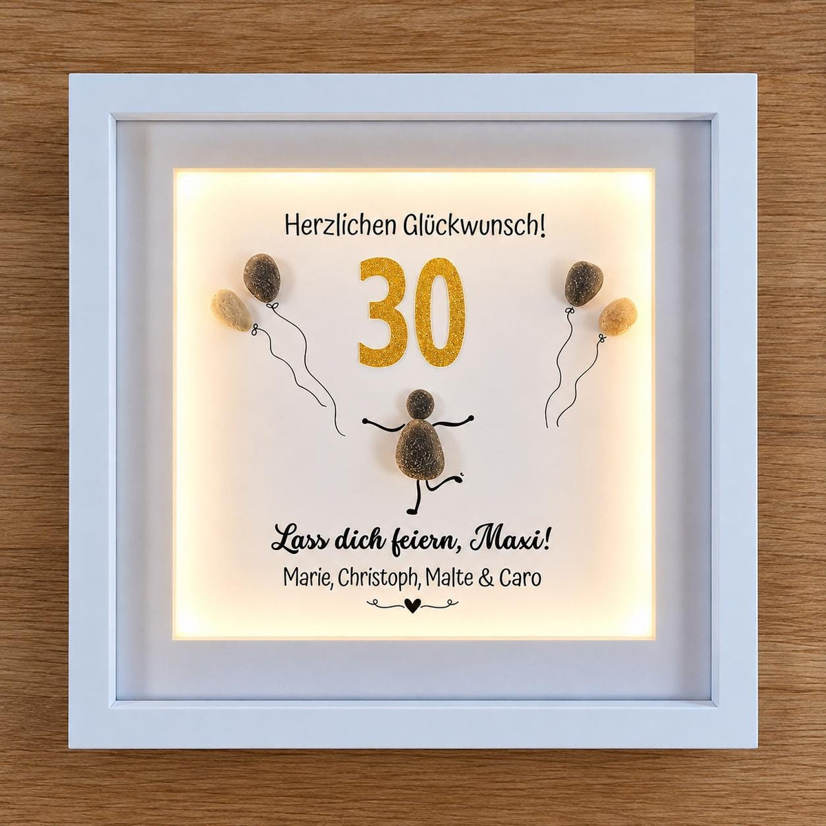 Steinbild zum 30. Geburtstag – personalisiertes Geschenk mit Wunschzahl, Namen und Ballonmotiv, optional mit Licht – Produktansicht 1
