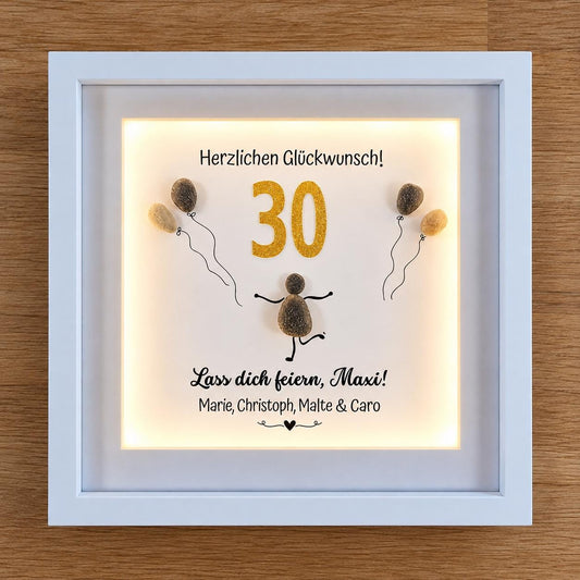 Steinbild zum 30. Geburtstag – personalisiertes Geschenk mit Wunschzahl, Namen und Ballonmotiv, optional mit Licht – Produktansicht 1
