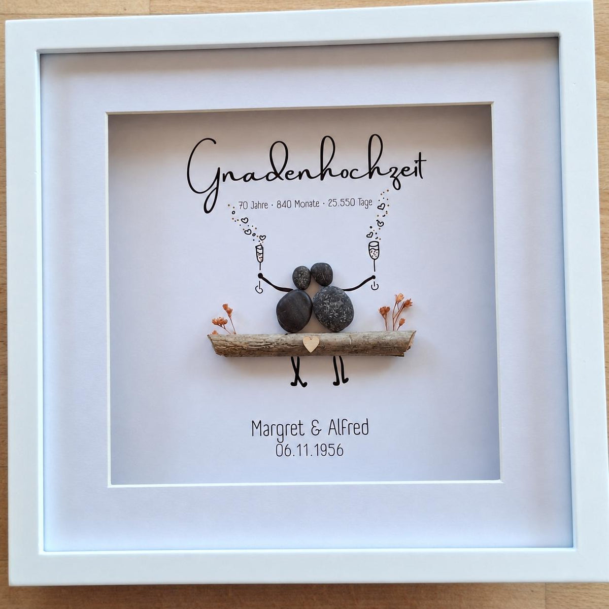 Gnadenhochzeit Geschenk 70 Jahre | personalisiertes Steinbild zum 70. Hochzeitstag | Geschenk Ehepaar | optional mit Beleuchtung / Licht – Produktansicht 6