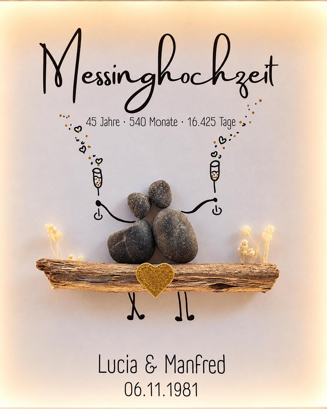 Süsses Messinghochzeit Geschenk zum 45. Hochzeitstag | Personalisierbares Steinbild mit Namen und Datum | Optional mit Licht / Beleuchtung – Produktansicht 3