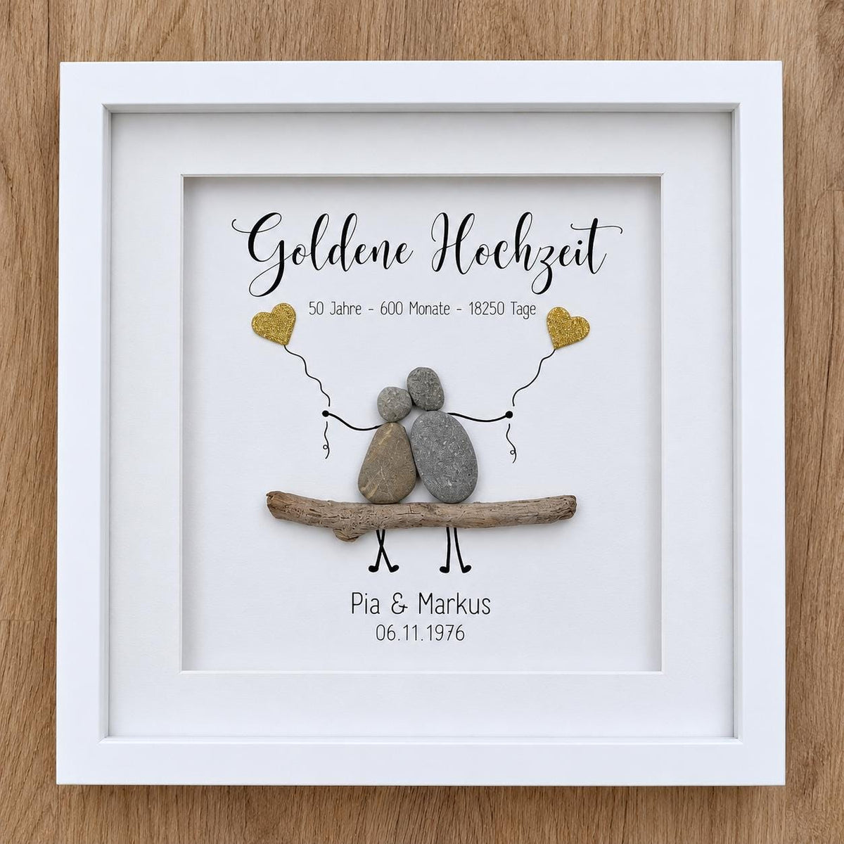 Steinbild zur Goldenen Hochzeit – Geschenk zum 50. Hochzeitstag mit Namen und Datum, optional mit Licht – Produktansicht 2