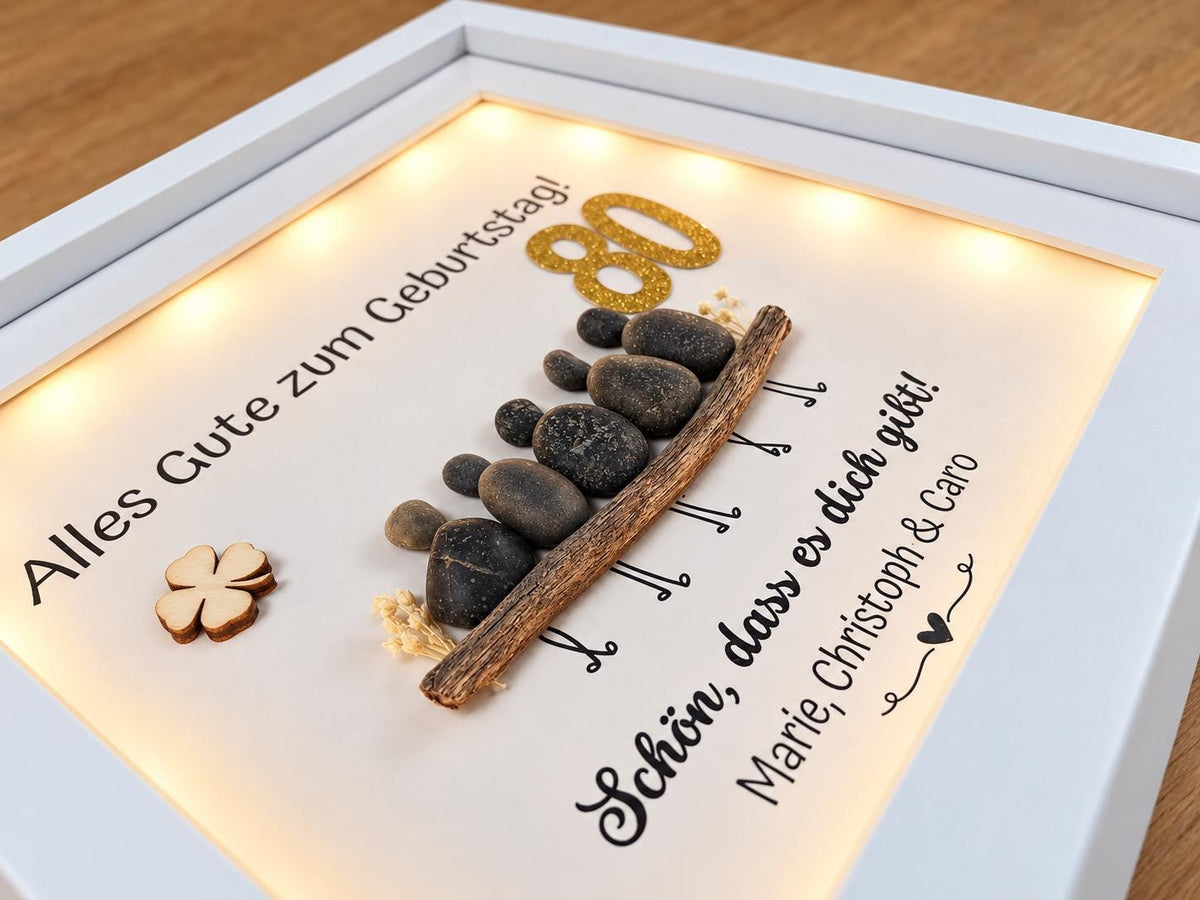 Süsses Geschenk : Personalisiertes Steinbild zum Geburtstag mit Wunschzahl und Text – bis zu 6 Figuren, optional mit Licht -zum 50 60 70 80. – Produktansicht 3